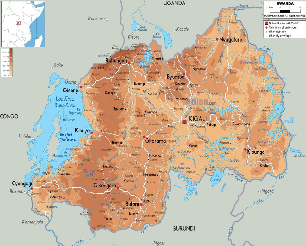 peta dari peta fisik dari Rwanda
