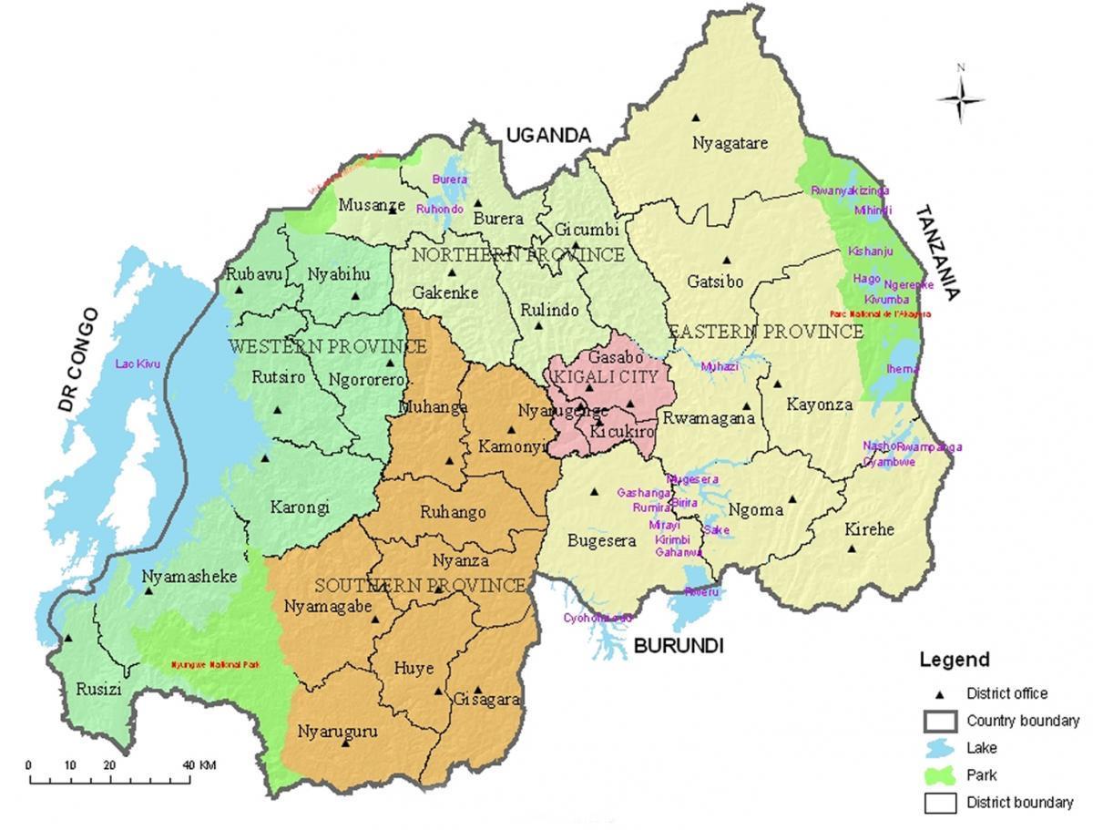 peta dari Rwanda dengan kabupaten dan sektor